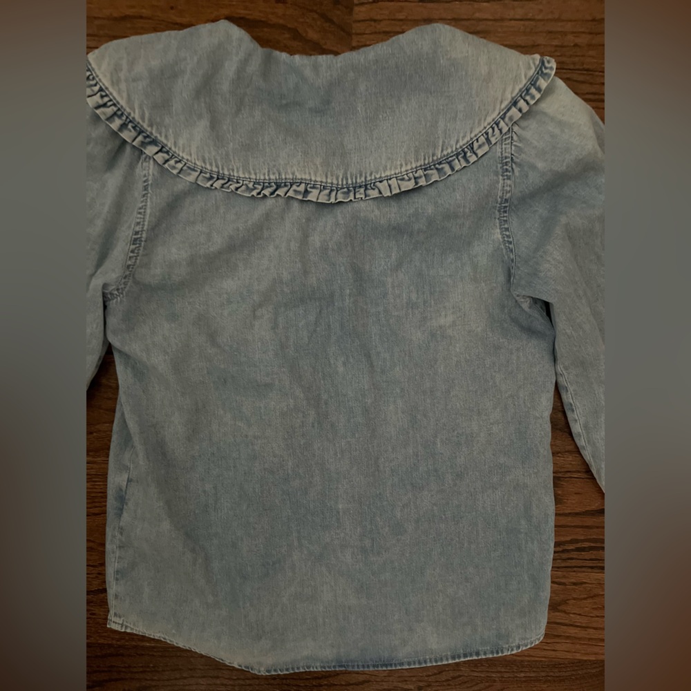 ASOS Mango Blue Denim Oversized Peter Collar Ruffled Top.  Size 2 - Picture 4 of 7